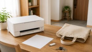 木のテーブルに置かれた家庭用プリンターと、USBメモリー、鍵、バッグ